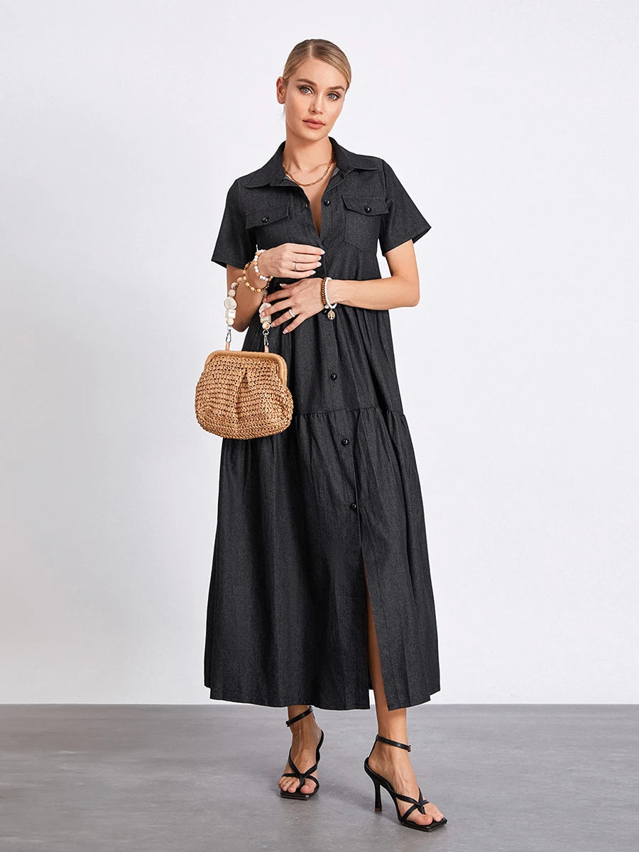 Women s Plus Size Denim Dress Short Sleeve Turn Down Collar Button Front Loose Swing Jean Dress