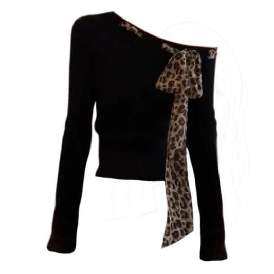 Off shoulder Tops Y2k Bow Tied Long sleeve Leopard T Shirt Women Sexy Tight Basic Crop Top Lady Casual Black Tees 2024 Korean