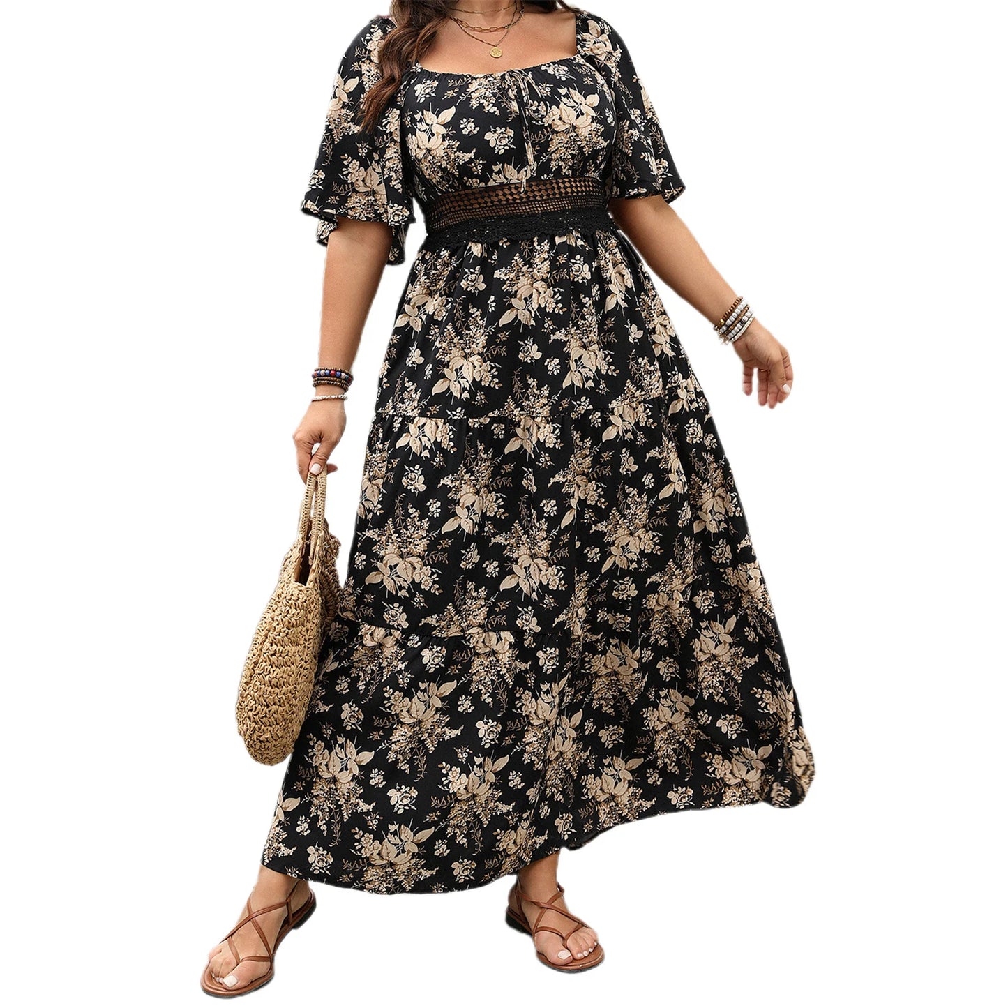Women Maxi Dress Stylish Off-Shoulder Ruffle Sleeve Boho Floral Print Flowy Beach Party Long Dress