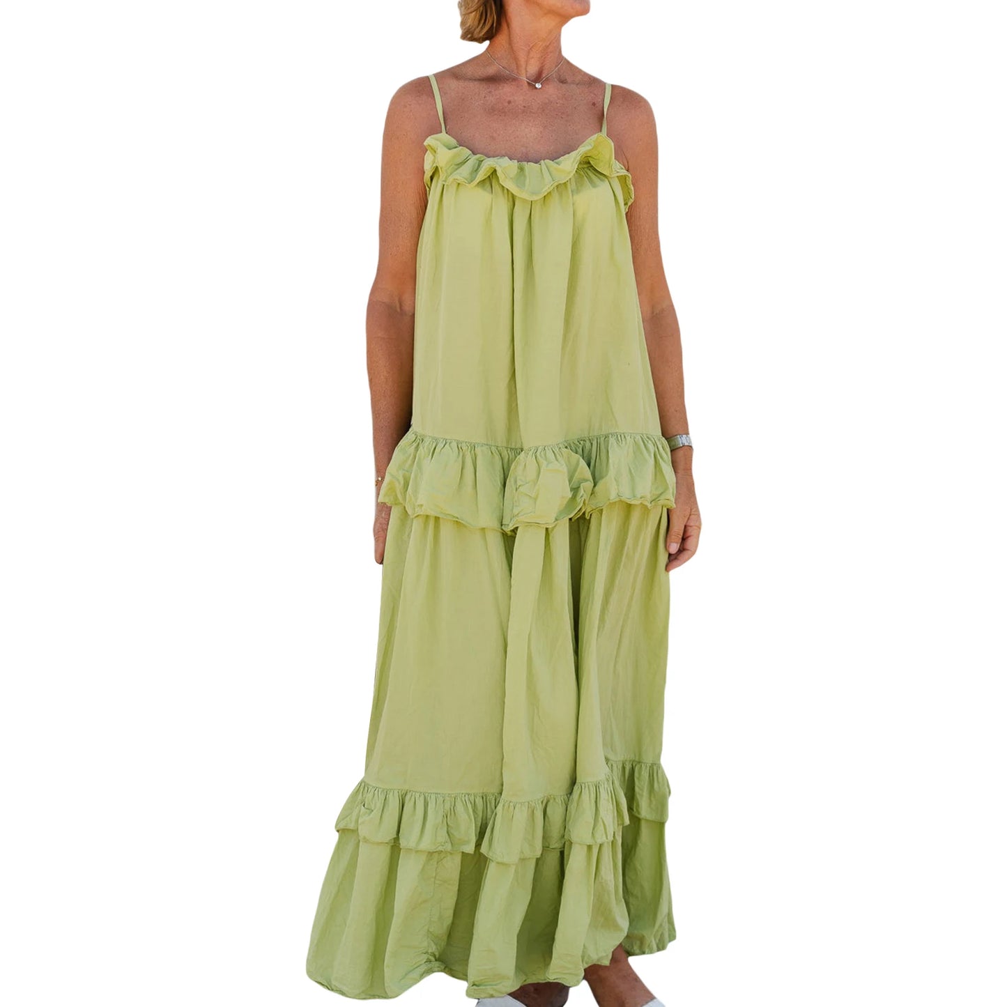 Women s Long Cami Dress Casual Loose Scoop Neck Back Tie-Up Swing Tiered Ruffled Spaghetti Strap Dress