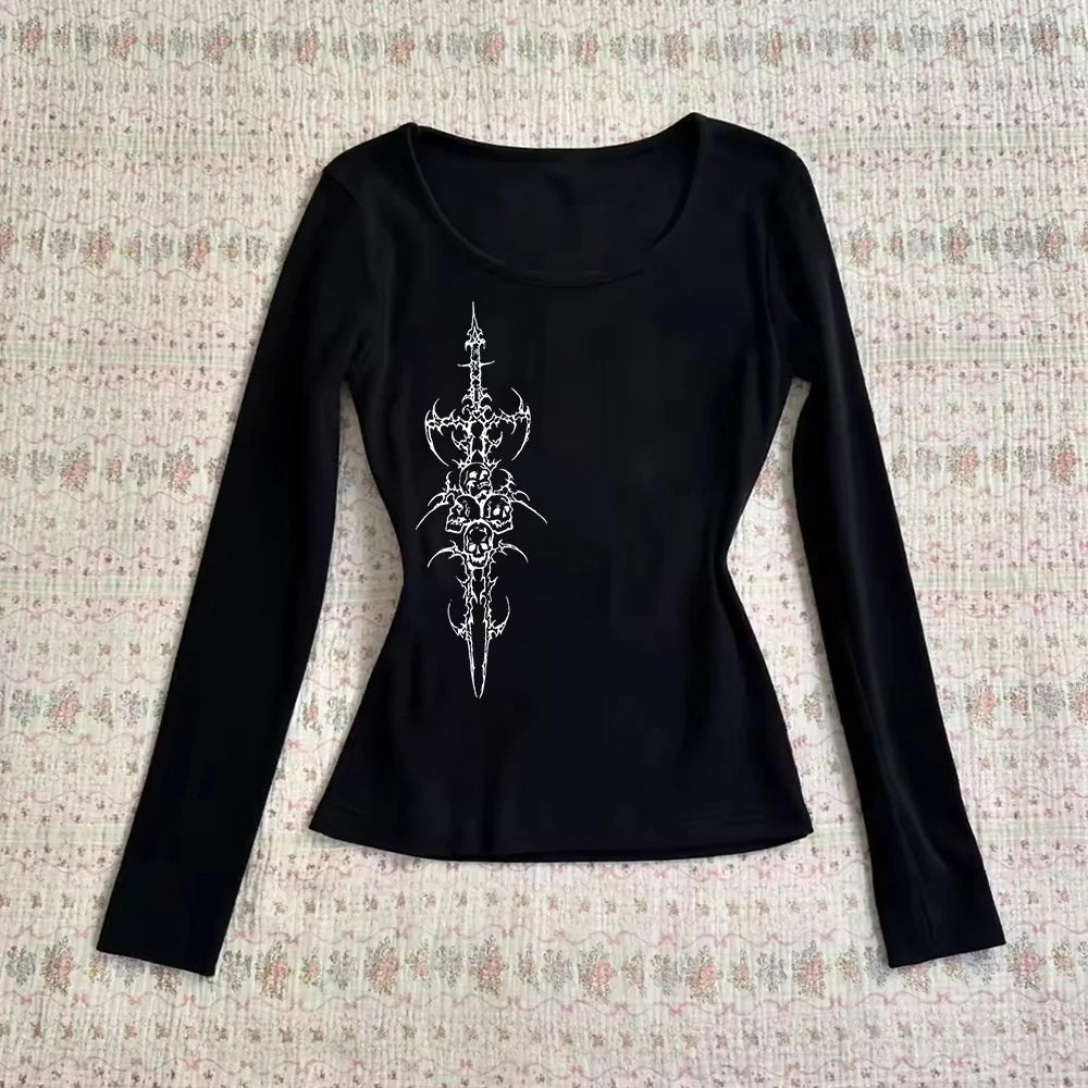 Yedinas Korean Fashion Graphic Tees Slightly Transparent T Shirt Women Clothing Long Sleeve Loose T-shirt Streetwear Spring Tops