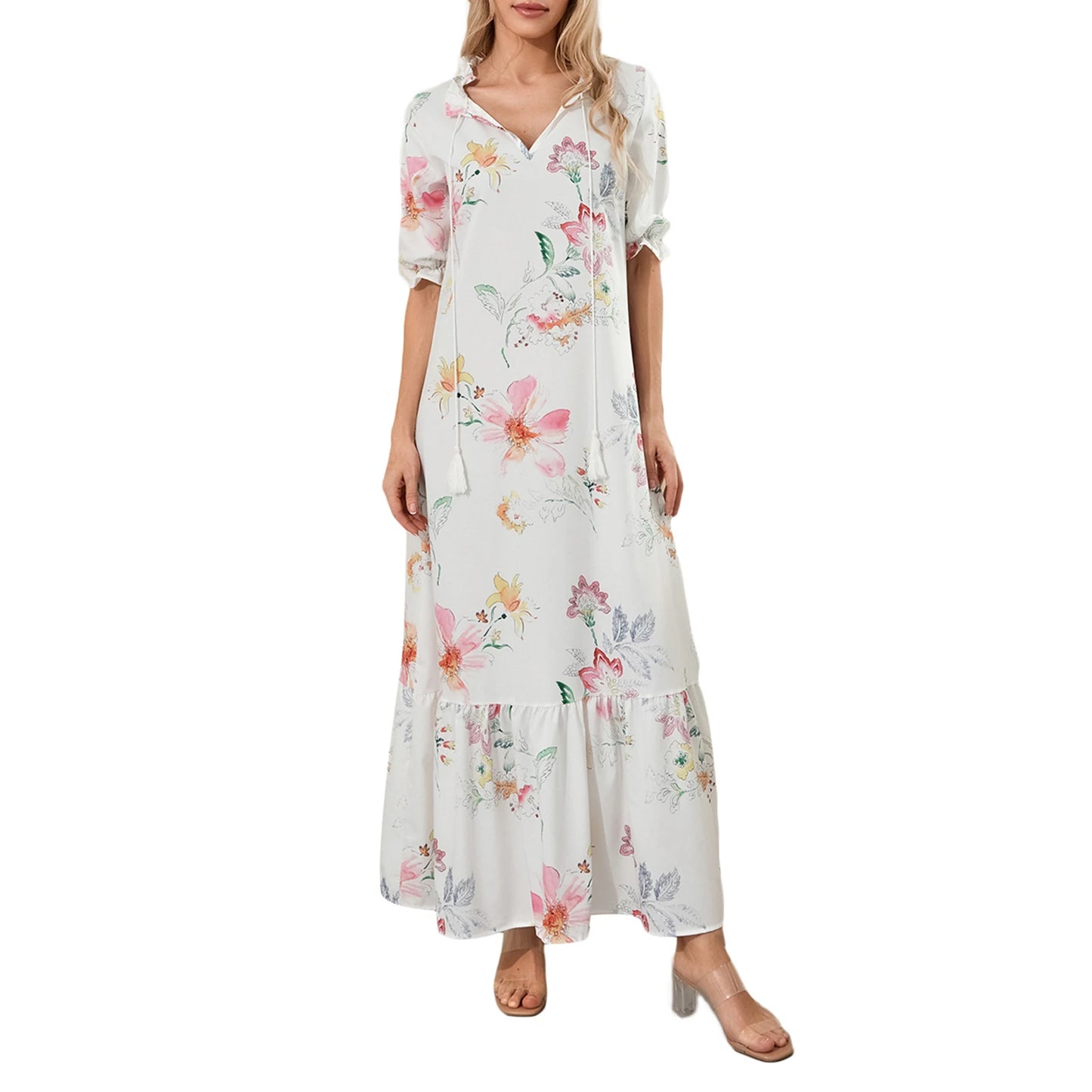Women Long Dress Elegant Short Sleeve V Neck Flower Graphic Print Loose Swing Dress Summer Casual Dress