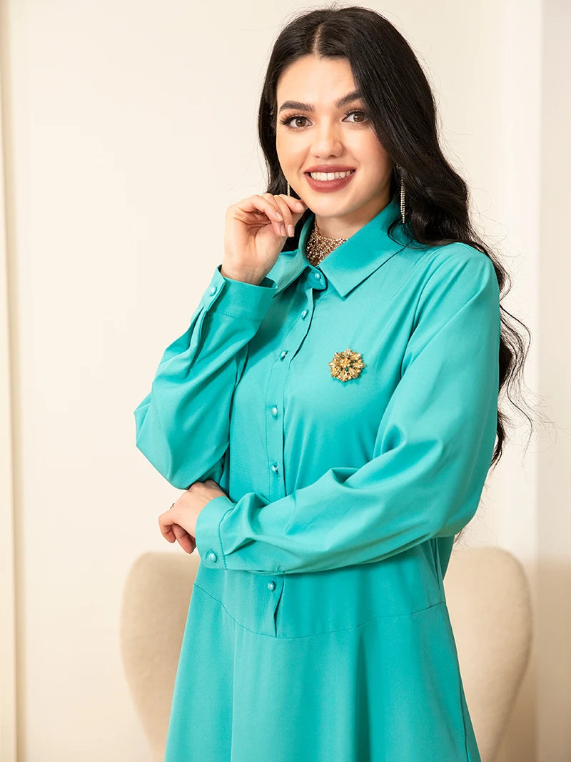 2025 Spring/Summer Collection - Light Green Preppy Lapel Long Dress with Pockets and Button Applique