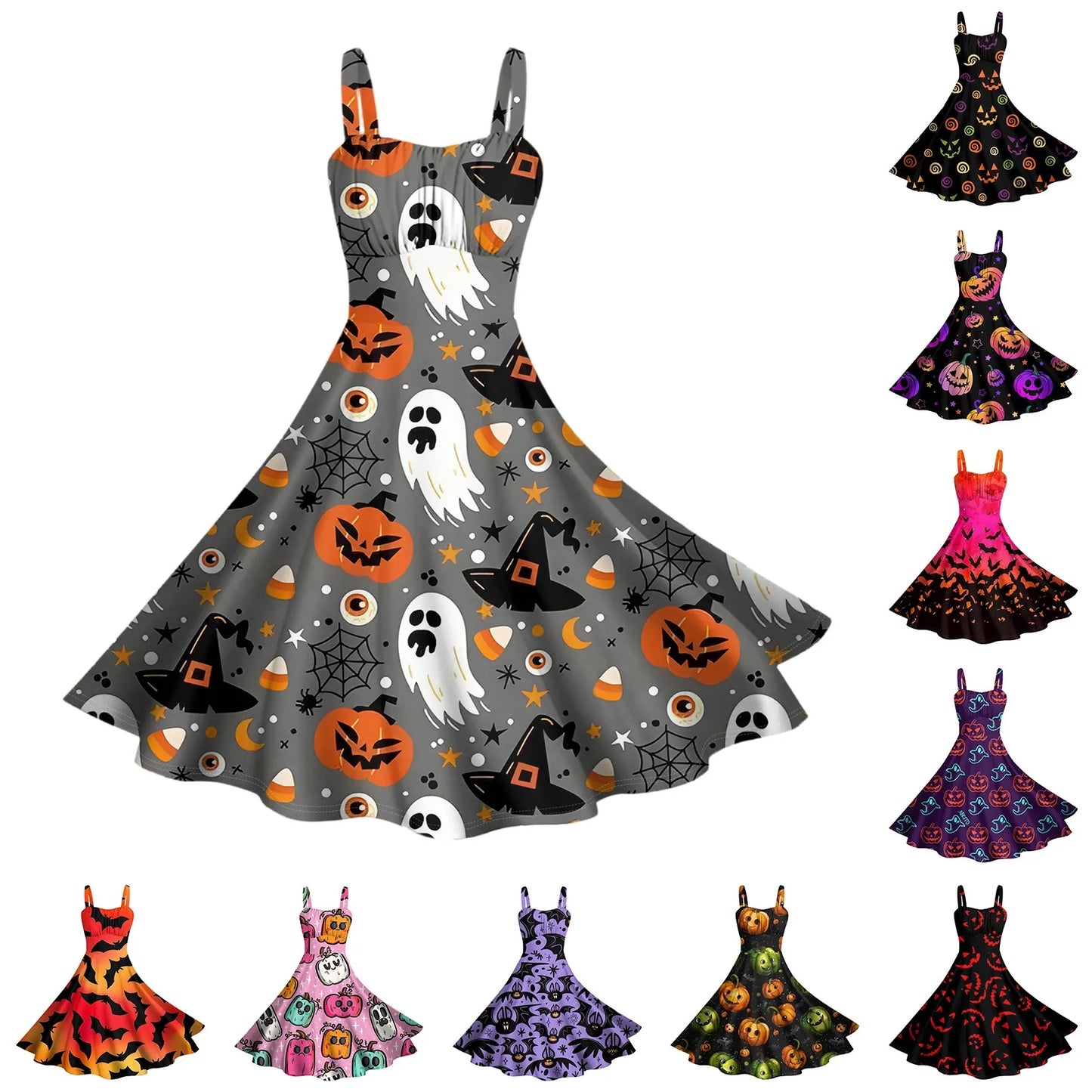 Women'S Vintage Sleeveless Pleated Patchwork Cute A-Line Hem Halloween Printed Dresses Elegant Dresses For Women Vestido Feminin
