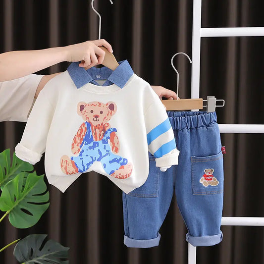 New boys' spring and autumn fashion casual sitting Bear Lapel sweater boys' jeans two piece set