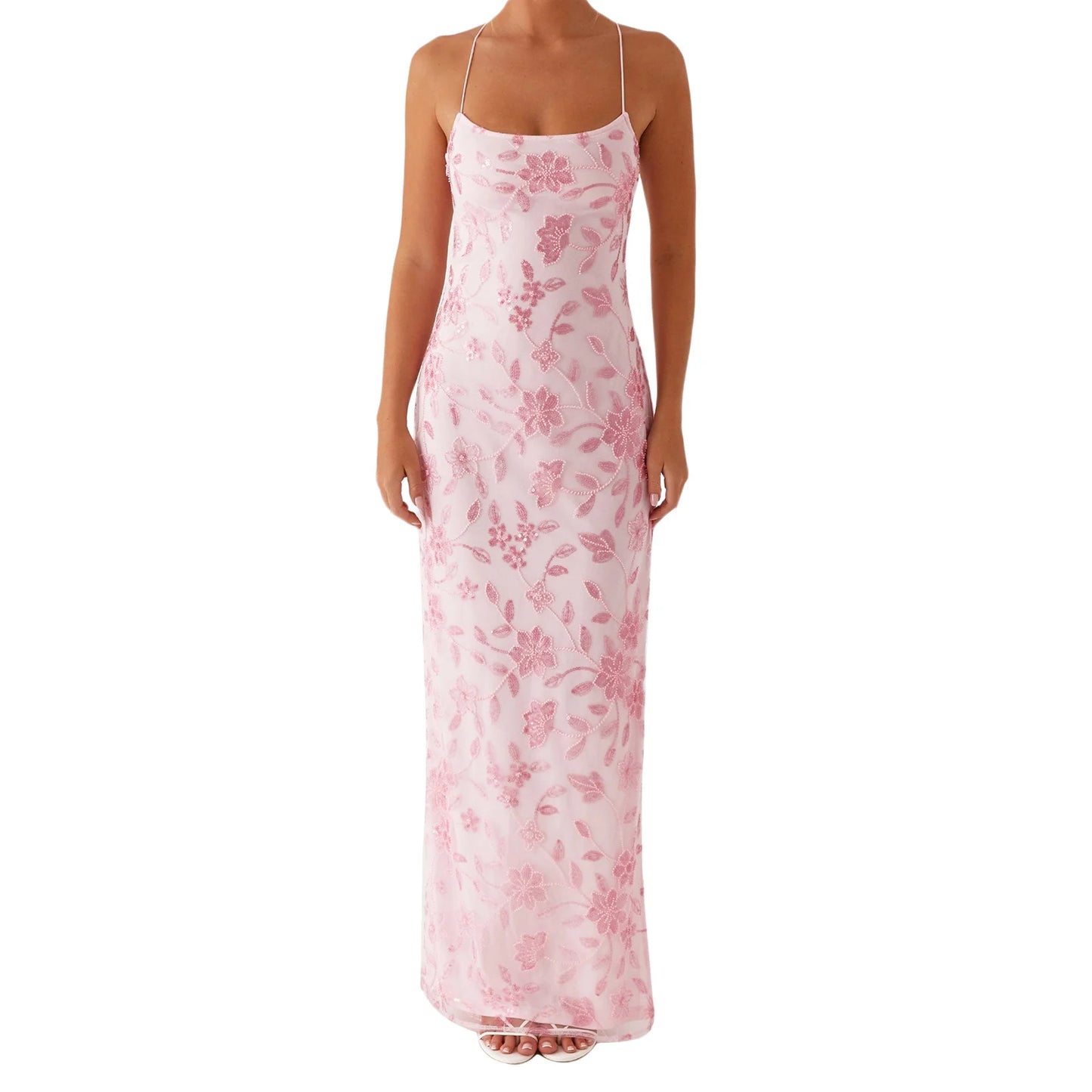 Elegant Sequin Embellished Maxi Dress with Floral Appliques and High Side Slit Perfect for Evening Party or Clubwear