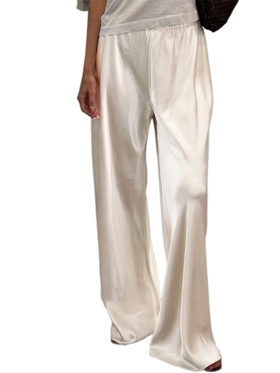 Ladies Stylish Loose Fit Trousers with Stretchy Waistband Elegant Satin Fabric Work Pants in Solid Color for a Chic Look