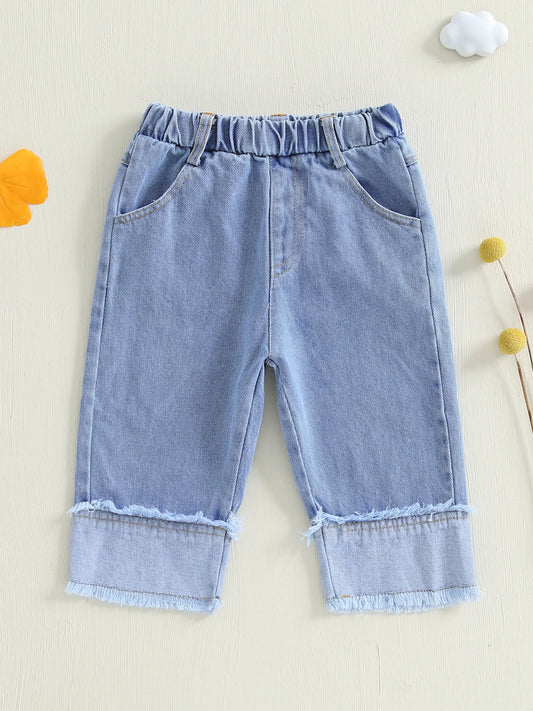 Girls Spring Summer Elastic Waistband Patchwork Denim Jeans with Pockets and Cute Embroidery Details