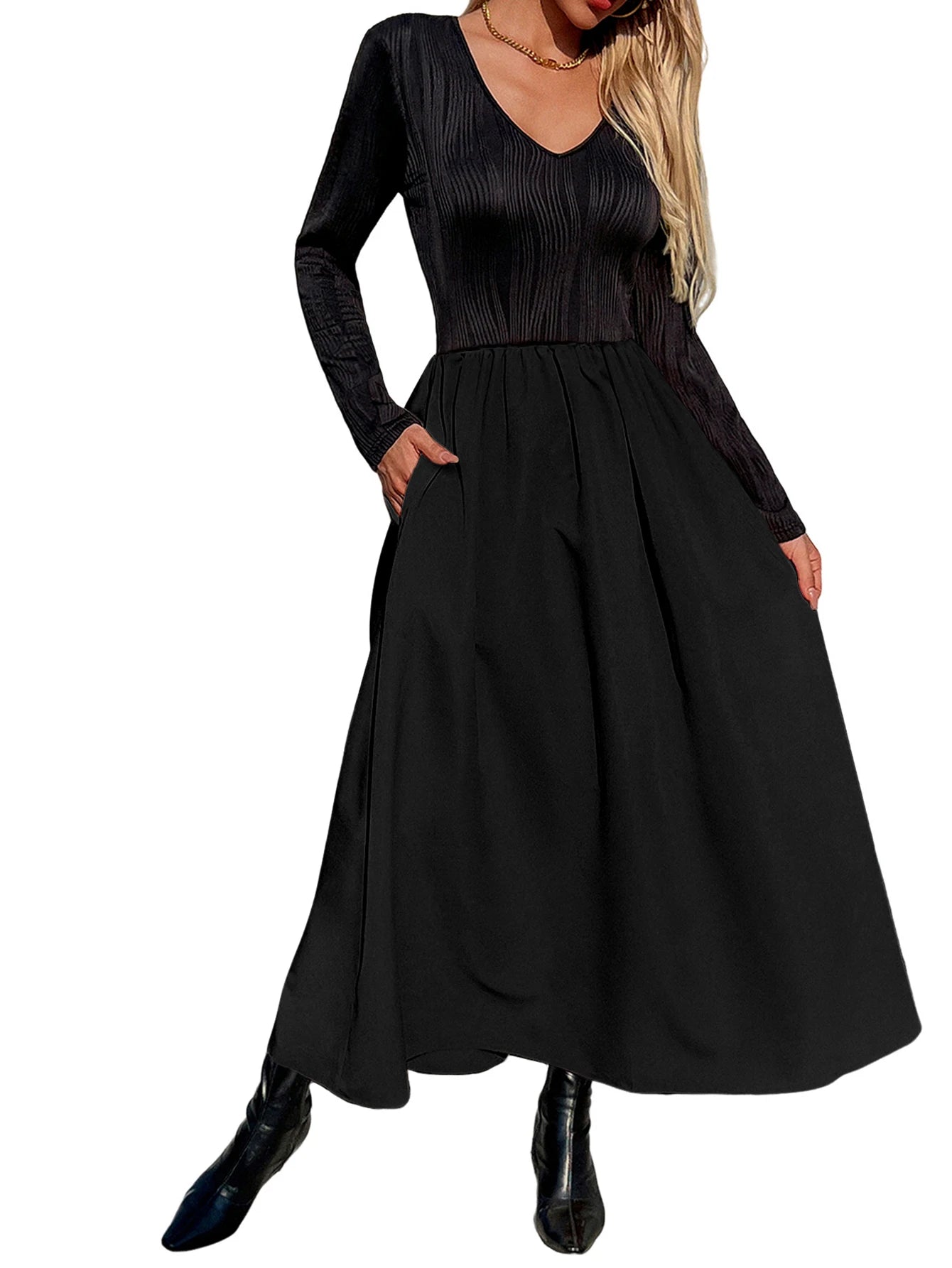 Women Long Sleeve Dress V Neck Elegant Maxi Dresses Solid Color Soft Dress Casual A Line Loose Dress