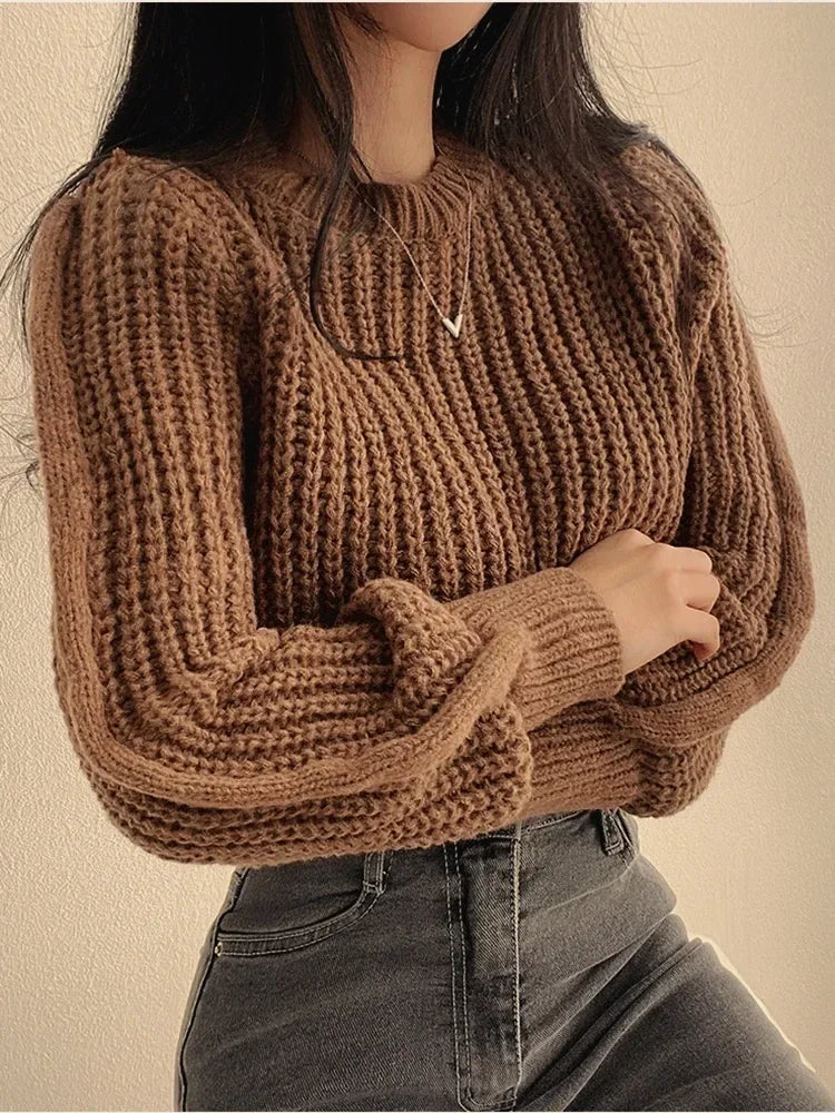 Korean Fashion Women's Cropped Sweaters Solid Colo Round Neck Knitted Pullover Woman Chic Loose Long Sleeve Jumper Female