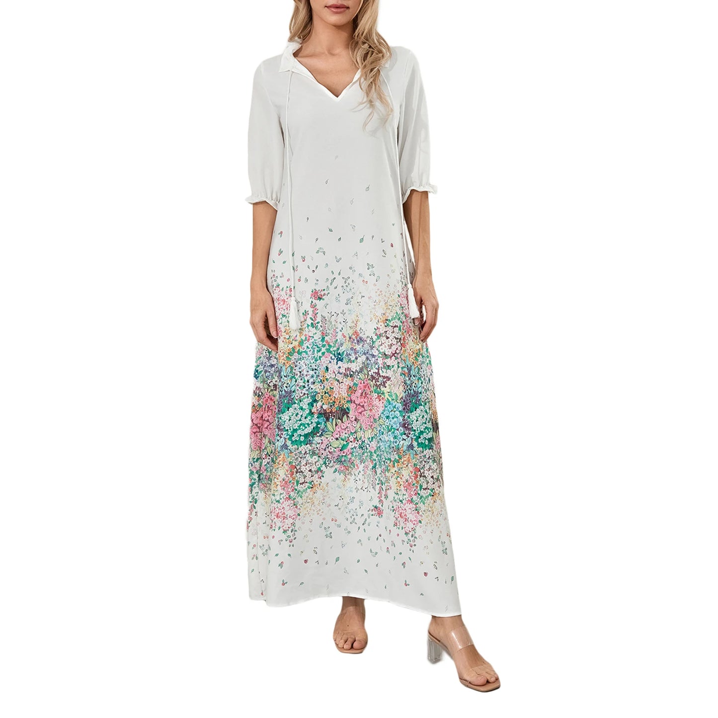 Women Long Dress Elegant Short Sleeve V Neck Flower Graphic Print Loose Swing Dress Summer Casual Dress