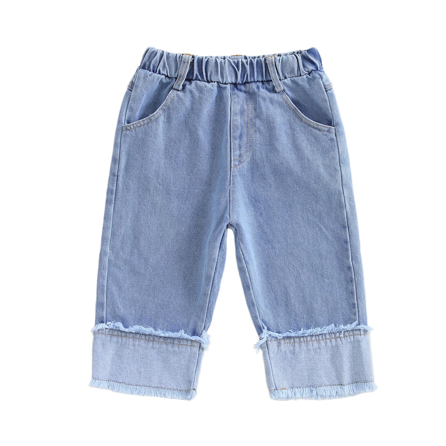 Girls Spring Summer Elastic Waistband Patchwork Denim Jeans with Pockets and Cute Embroidery Details