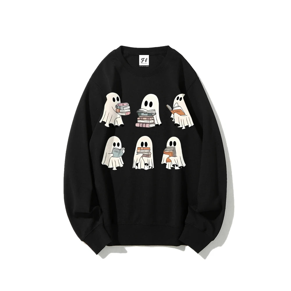 Ghost Reading Books Sweatshirts Halloween Teacher Gift Librarian Halloween Hoodie Ghost Crewneck Tops Crewneck Fashion Clothing