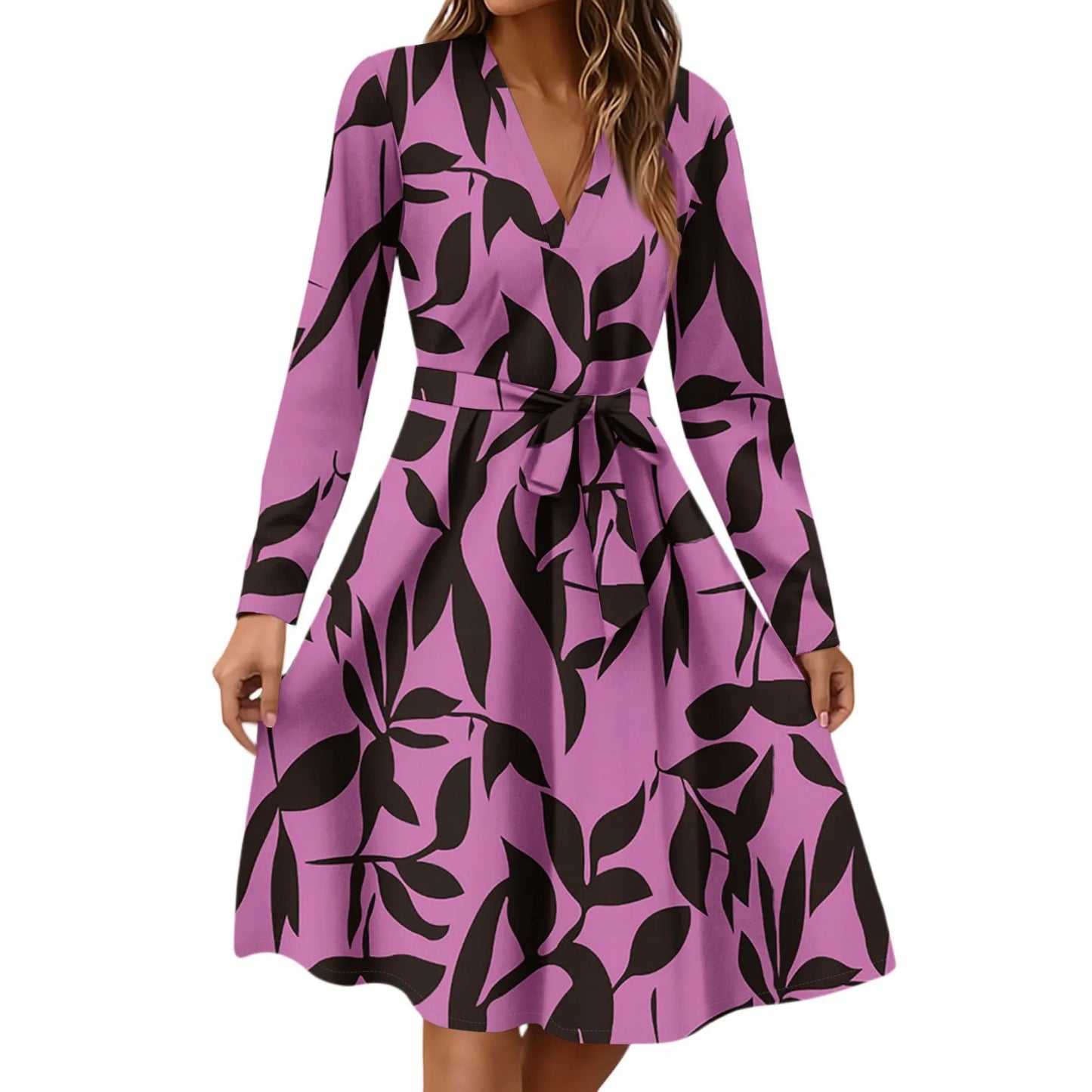 Women'S Fashion Casual V-Neck Long Sleeve Waist Floral Print Midi Dress Vestidos Para Mujer Female Dress Y2k Traf Roupas Feminin