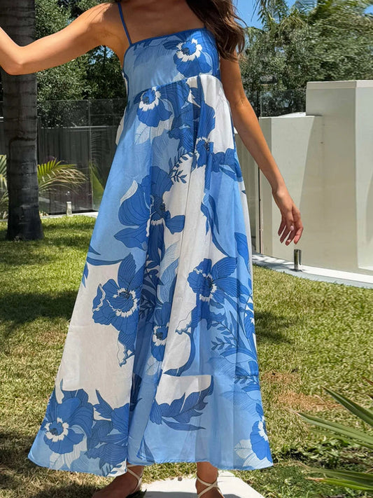 Women s Elegant Floral Print Sleeveless Maxi Dress with Adjustable Spaghetti Straps and A-Line Silhouette for Summer Beach