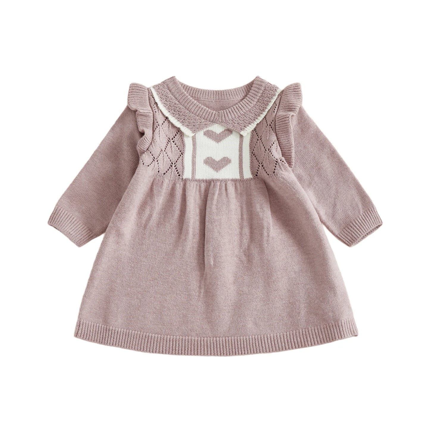 Girls Heart Print Knit Sweater Dress with Long Sleeves Round Neck and A-line Silhouette - Adorable and Stylish Option for