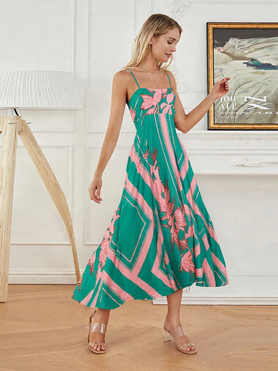 Bohemian Style Maxi Dress with Spaghetti Straps and Floral Print Perfect for Summer Beach Parties and Events