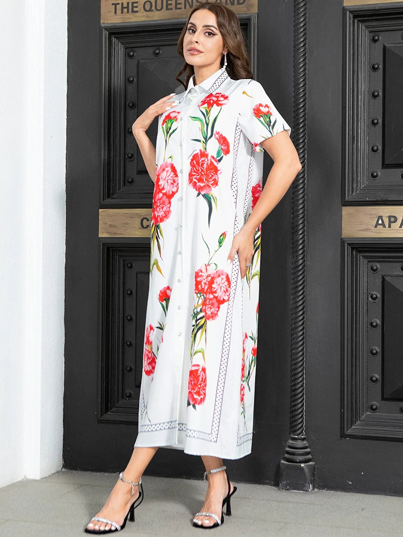 Elegant style Lapel Dots Flowers Color contrast Buttons Regular sleeve Long Dresses White Dresses