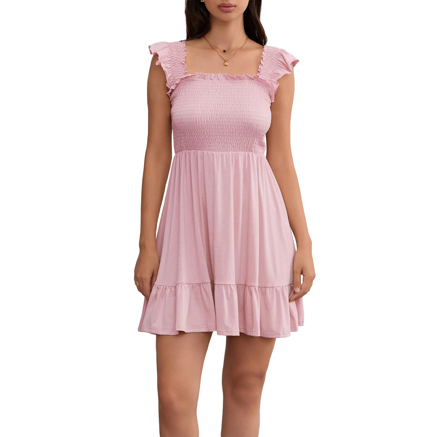 Women Solid Color Mini Dress Fly Sleeve Ruched A-line Dress Fashion Summer Casual Dress