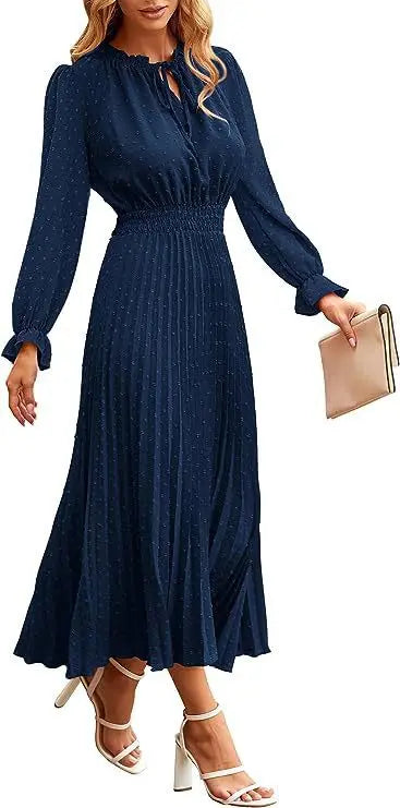 Women's Spring Fall Midi Dress Casual Long/Short Sleeve Elegant and fashionable V Neck Swiss Dot Pleated A Line Flowy Dresses