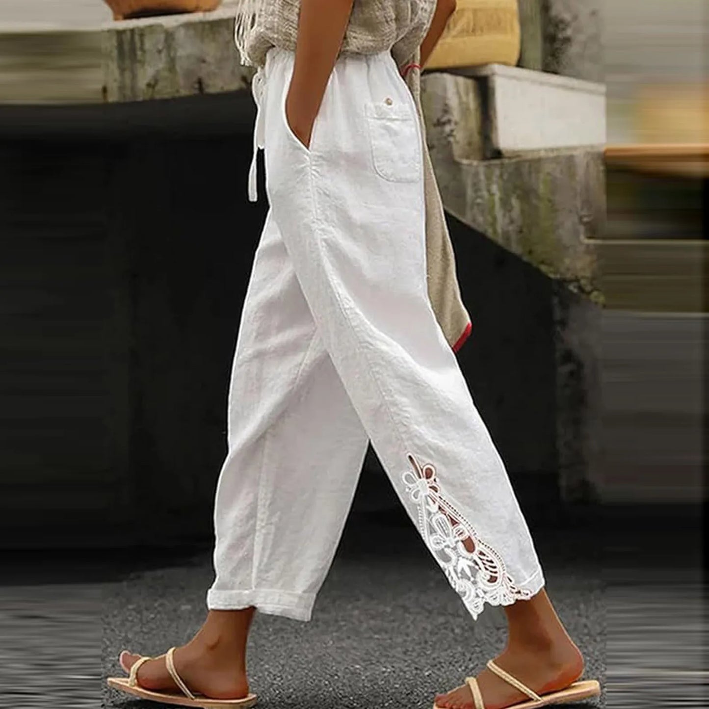 Women'S Casual Solid Color Lace Splicing Design High Waist Drawstring Pocket Nine Minute Pants Pantalones De Mujer Cargo Pants