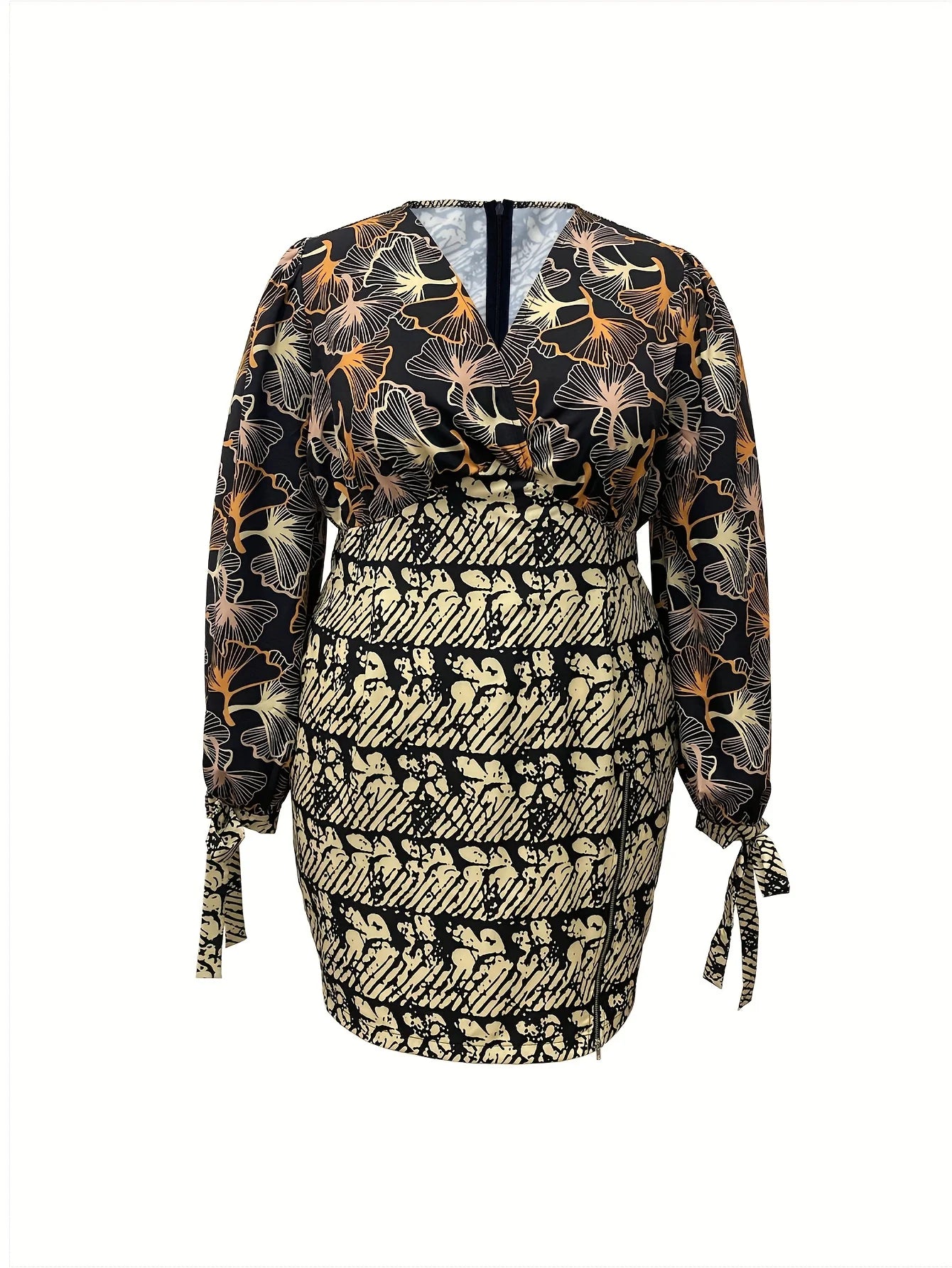 Everyday Elegant Mixed Print Slit Print Contrast Color V-neck Long Sleeve Short Dress