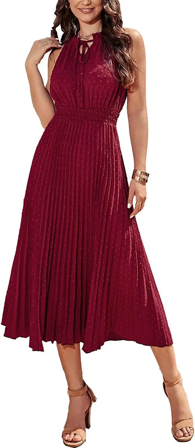 Women's Spring Fall Midi Dress Casual Long/Short Sleeve Elegant and fashionable V Neck Swiss Dot Pleated A Line Flowy Dresses