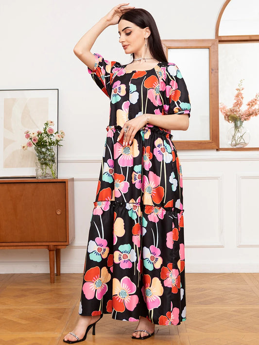 Sweet Round neck Flowers Plant Pocket Buttons Lantern sleeve Long Dresses Black Dresses