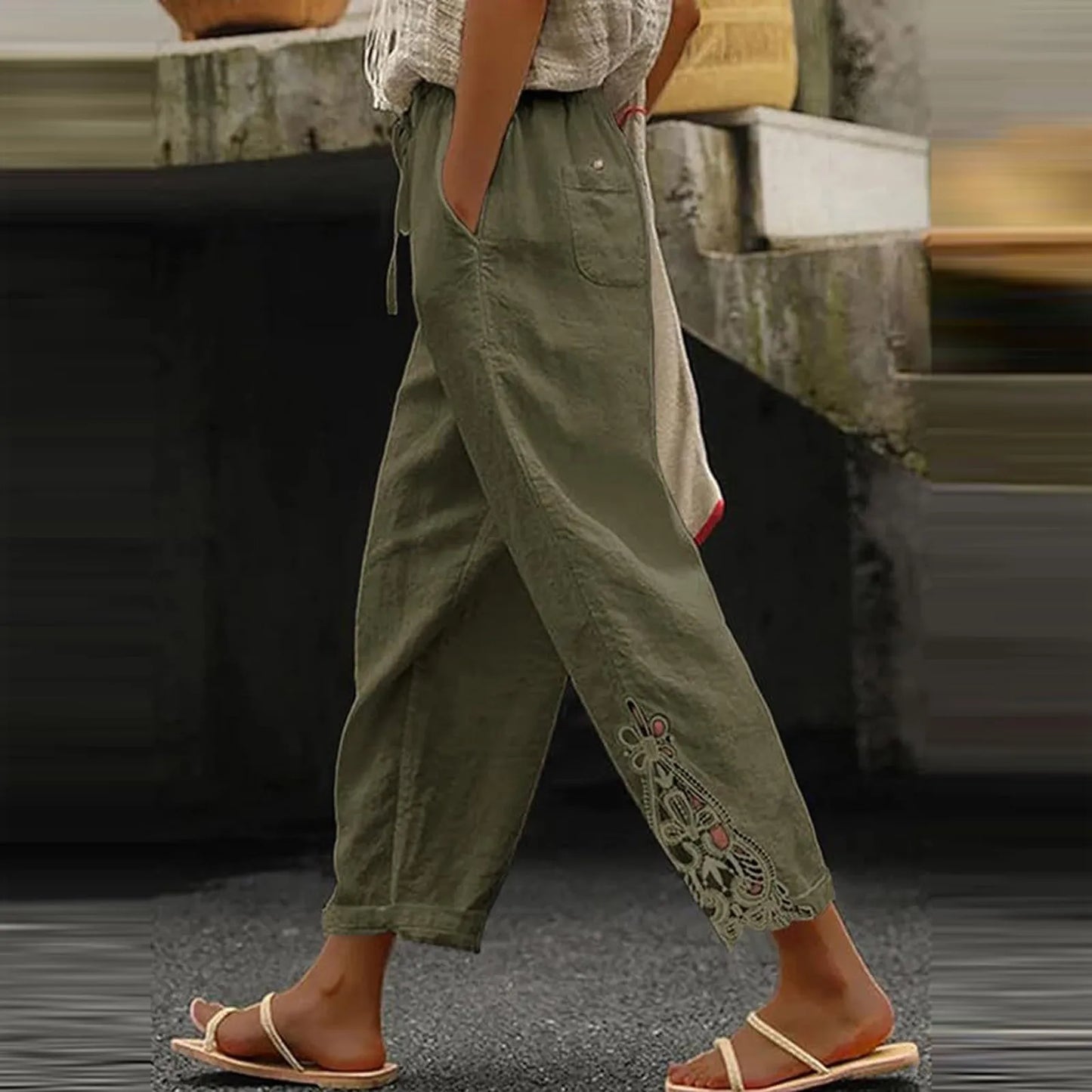 Women'S Casual Solid Color Lace Splicing Design High Waist Drawstring Pocket Nine Minute Pants Pantalones De Mujer Cargo Pants