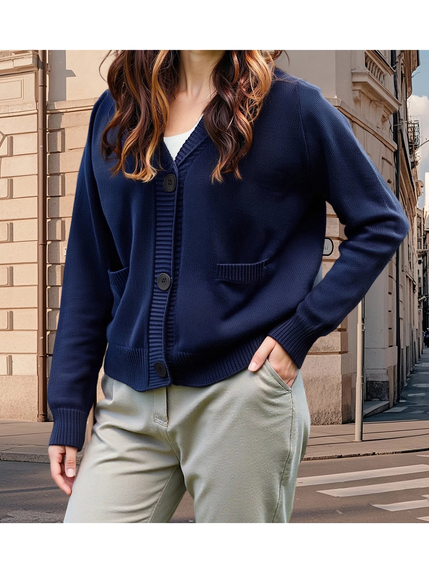 Women s Patriotic American Flag Print Cardigan with Pockets and V-Neckline Long Sleeve Button-Up Knit Sweater for Casual Fall