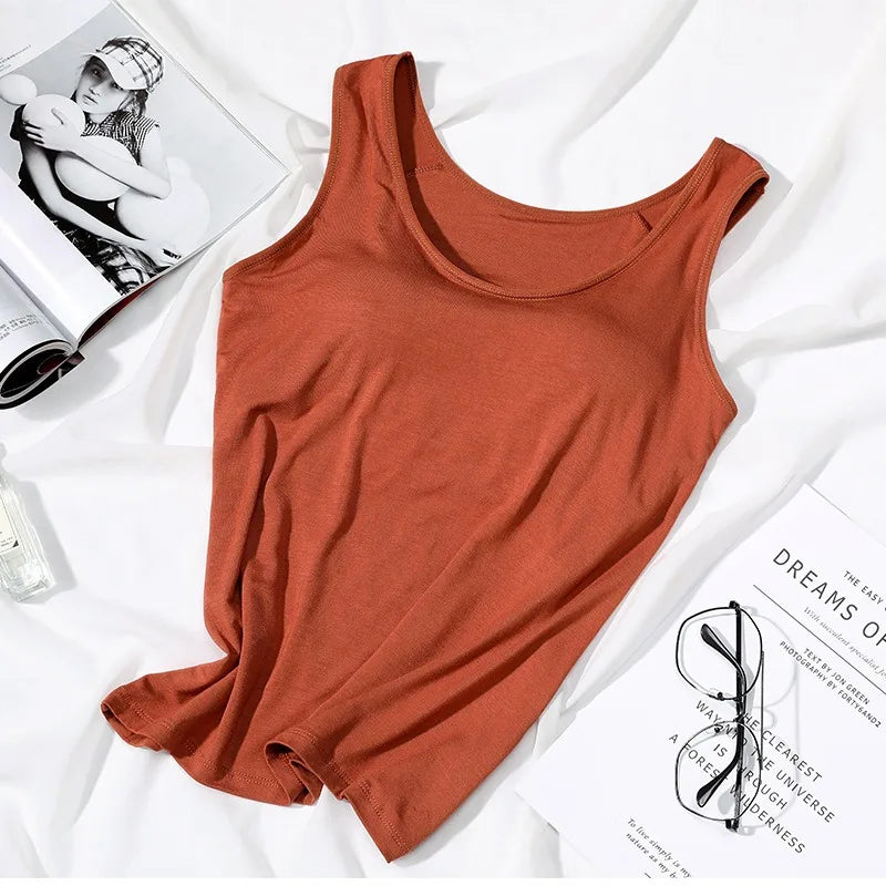 2023 Women's Vest Tops with Built In Bra Neck Vest Solid Color Padded Slim Fit Tank Tops Sexy Shirts Feminino Casual Tank Tops