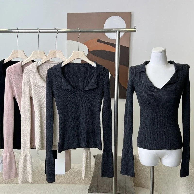 Spring Autumn V-neck Skinny Knitted Shirt Women Pullover Sweater Tops Female Long Sleeve Elastic Slim Bottoming Shirts Knitwear