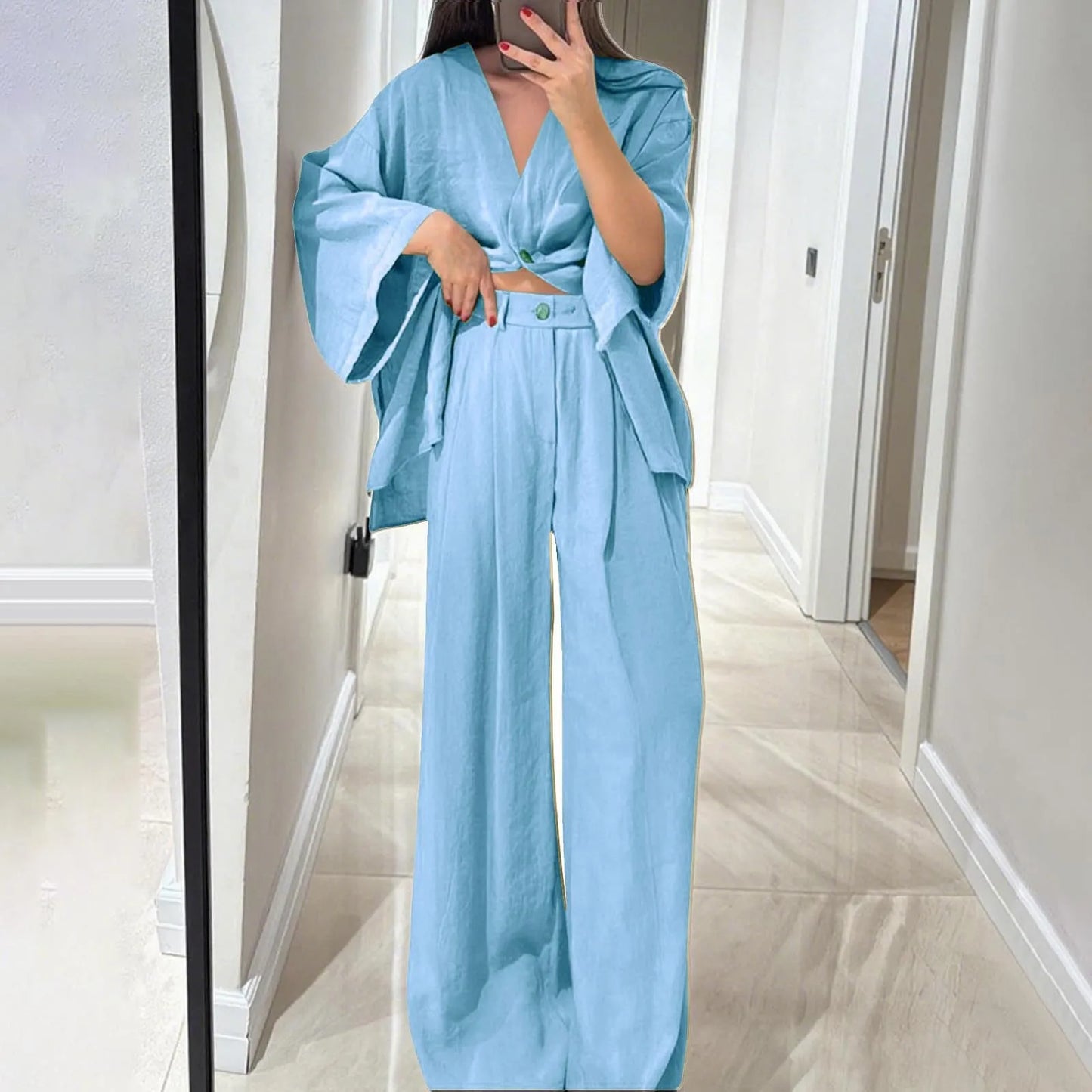 Two Piece Outfits For Women V Neck Button Down Shirt Top And Wide Leg Pants Set Loose Sweatsuits Conjunto Dos Piezas Mujer