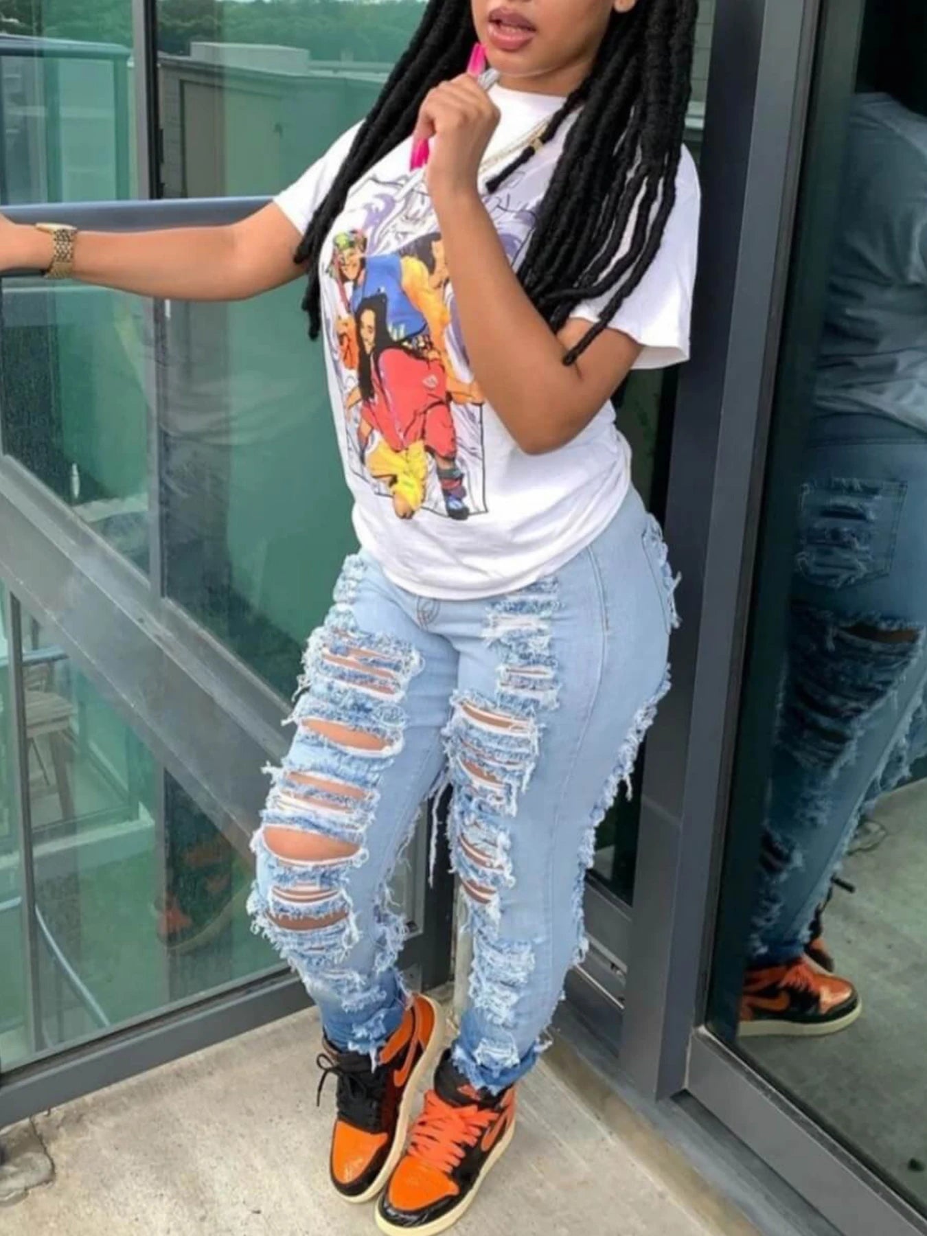 Women's High Waisted Elastic Ripped Washed Slim Fit Jeans, Street Style, Slanted Pockets, High-Quality Fabric, Suitable for Dail