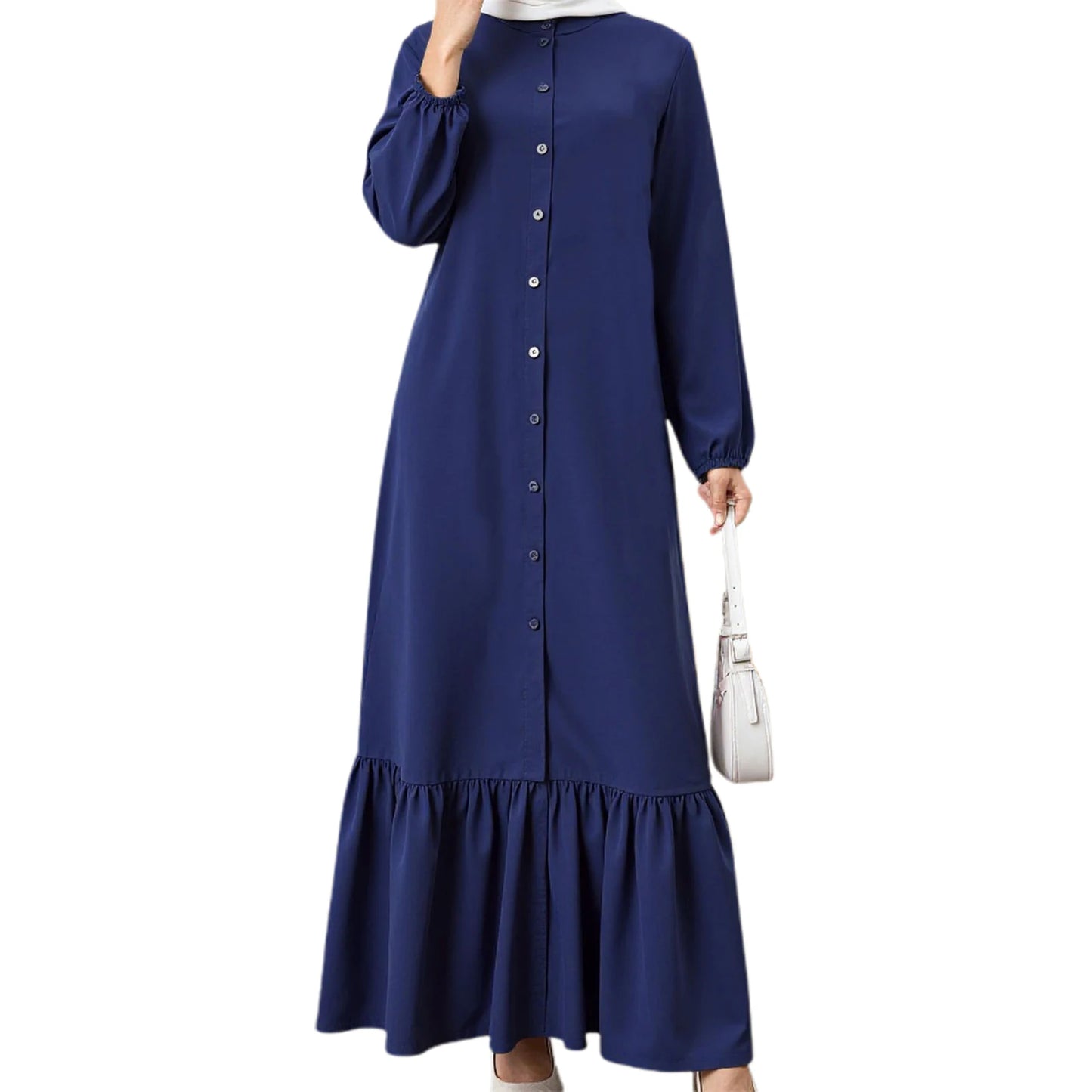 Middle Eastern Style Women s Long Dress with Solid Color and Loose Fit Design Featuring Button Down Front Crew Neck and Long