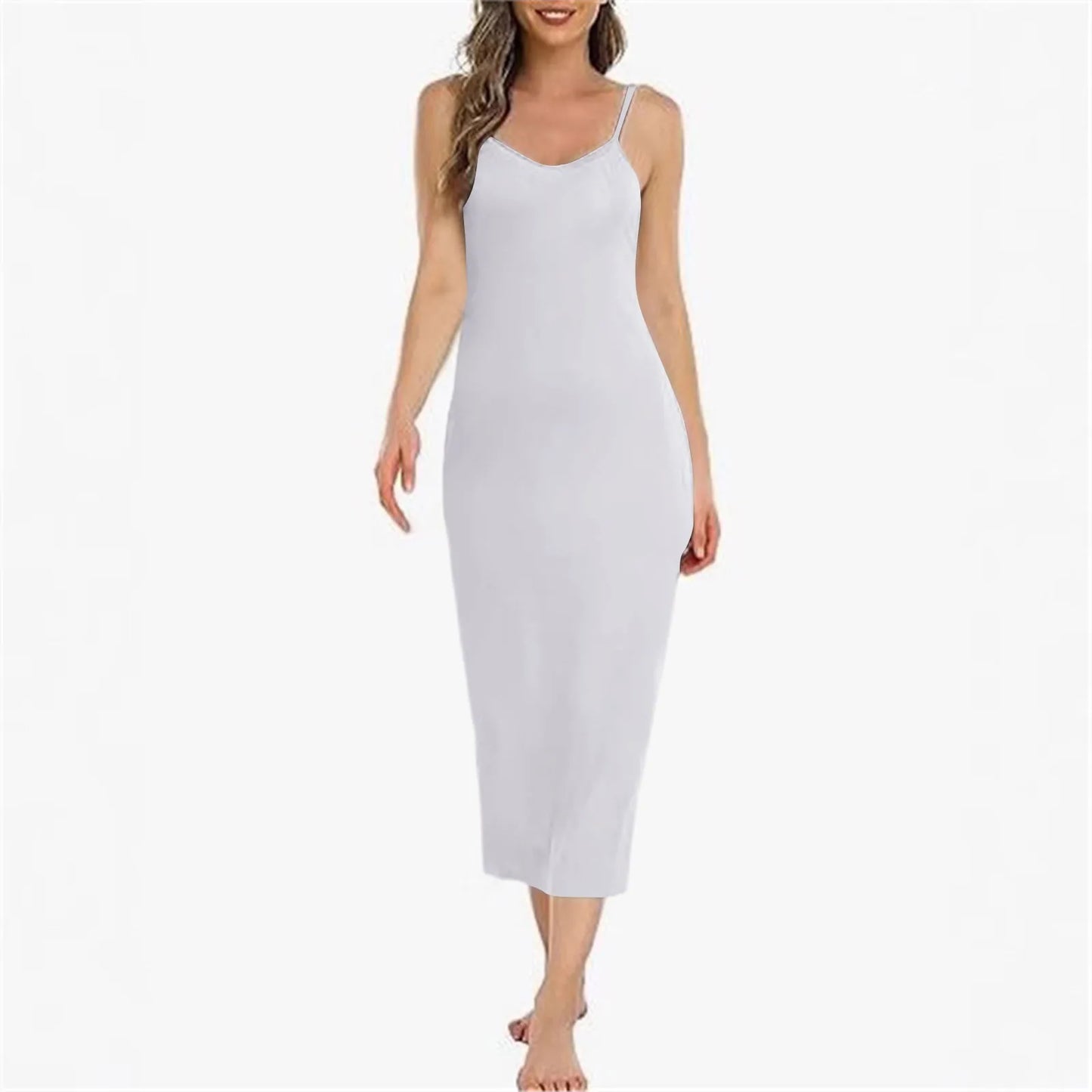 Women Long Slip Dress Basic Adjustable Spaghetti Straps Cami Slip Dress Soft V Neck Nightgown Under Dresses Elegant Women'S