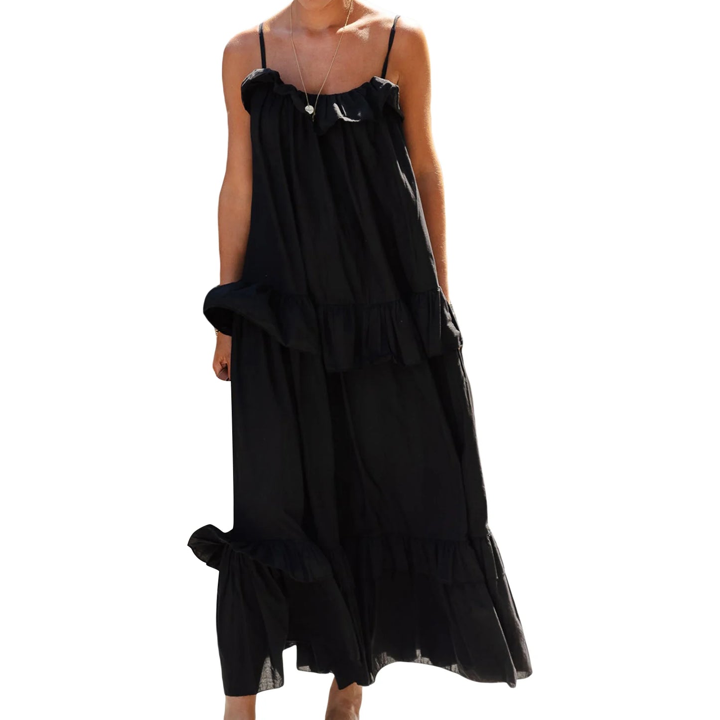 Women s Long Cami Dress Casual Loose Scoop Neck Back Tie-Up Swing Tiered Ruffled Spaghetti Strap Dress