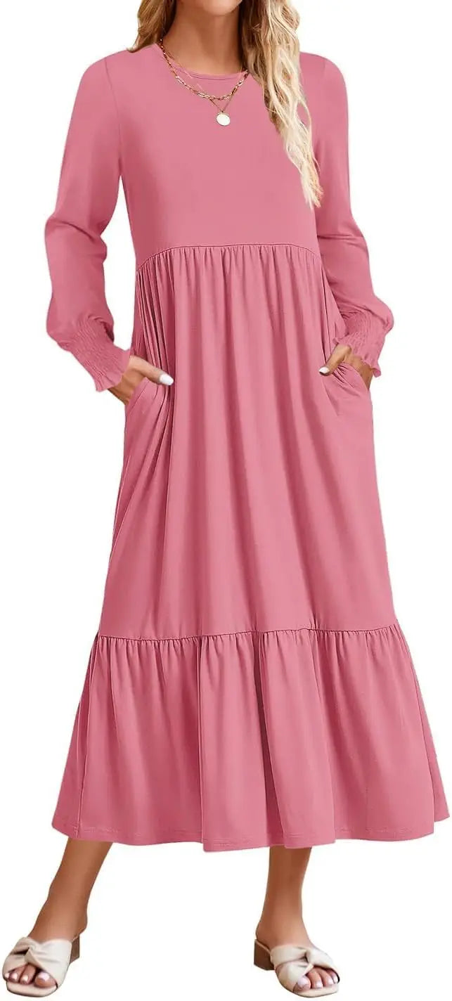Women's 2025 Fall Long Sleeve Dress Crewneck Casual Loose Pleated Tiered Swing Midi Dresses with Pockets