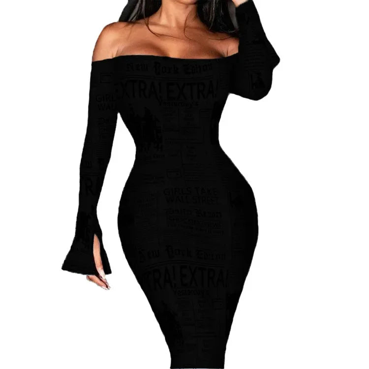 Europe and America autumn off-shoulder sexy snake pattern long sleeve waist-cinching dress