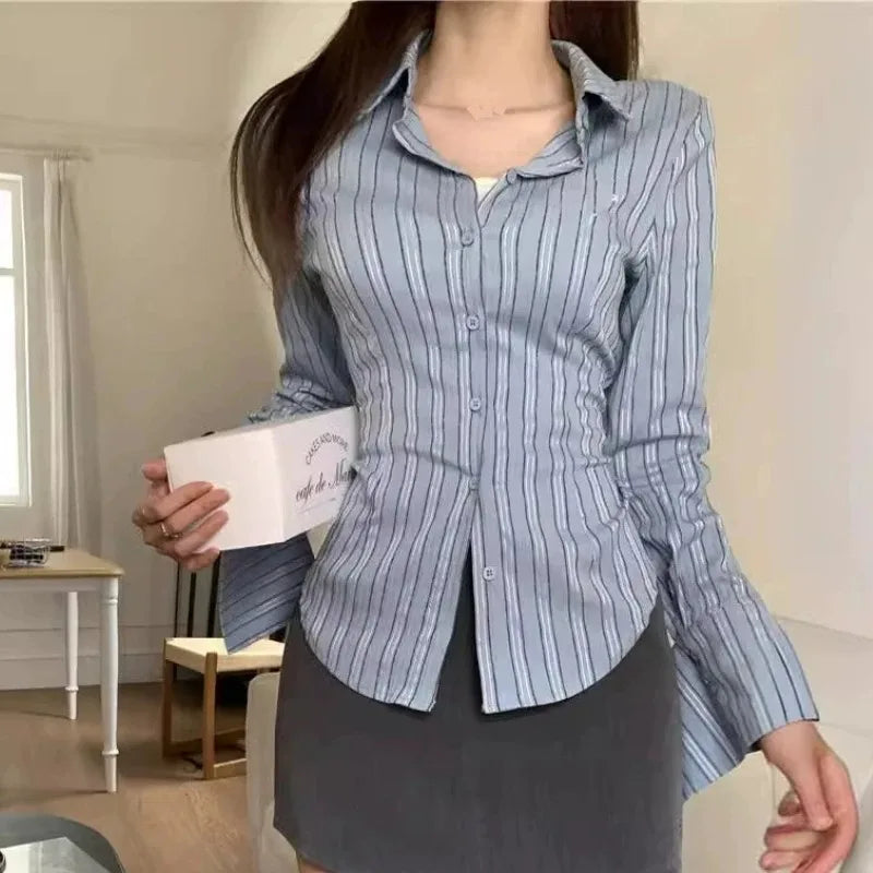 Korean Blue Striped Long Sleeve Shirt Jacket Women's Spring Design Waist Cinching Slimming Top Women Clothing