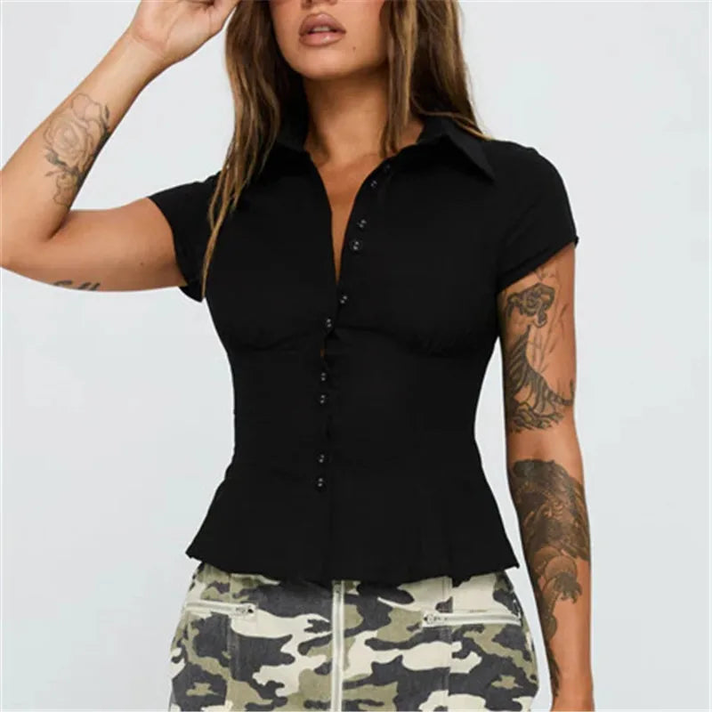 Women Y2k Aesthetic Button-up Shirt 90s Vintage Cottage Short Sleeve Lapel Slim Fit Blouse Fairy Grunge Crop Tops Summer