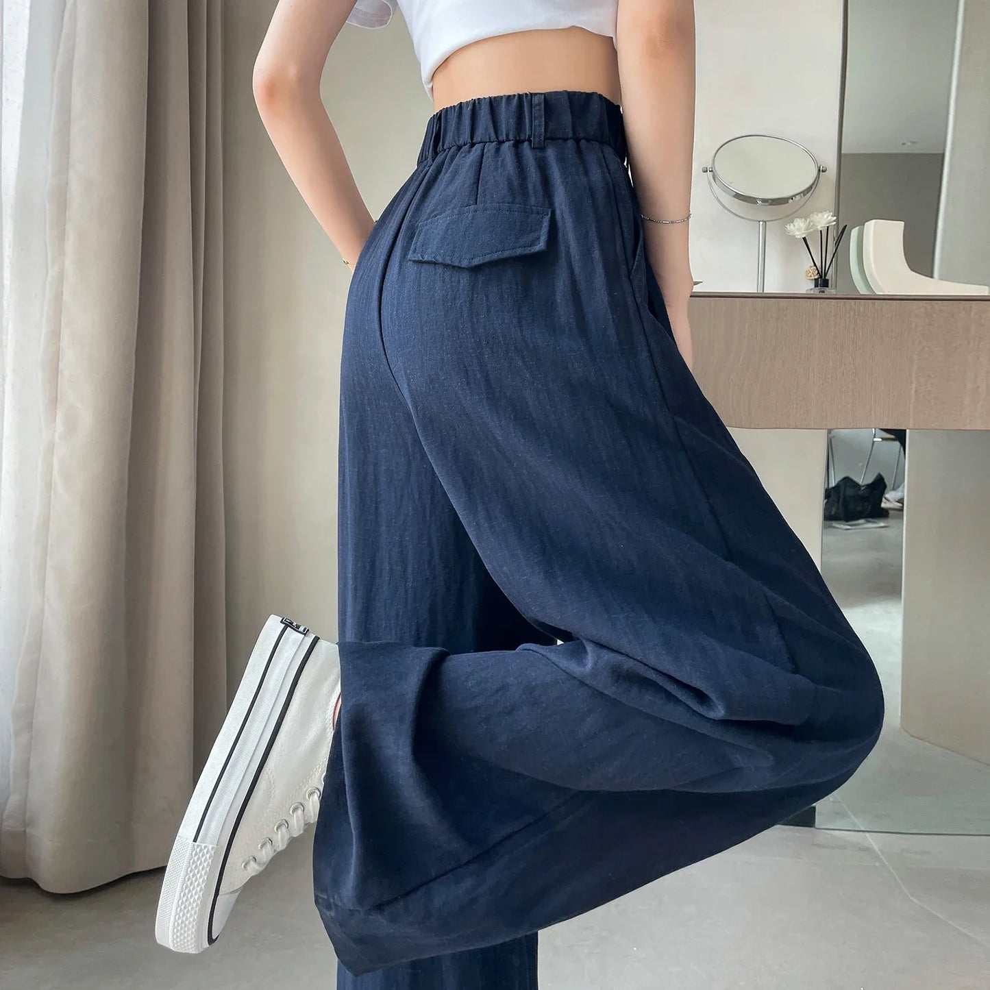 Cotton and Linen Women's Wide Leg Full Pants High Waist Summer Female Elegant Minimalism Straight Loose Trousers 2024 Autumn