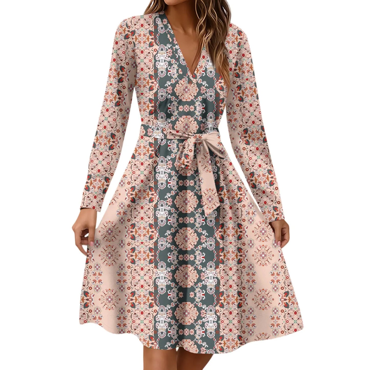 Women'S Fashion Casual V-Neck Long Sleeve Waist Floral Print Midi Dress Vestidos Para Mujer Female Dress Y2k Traf Roupas Feminin