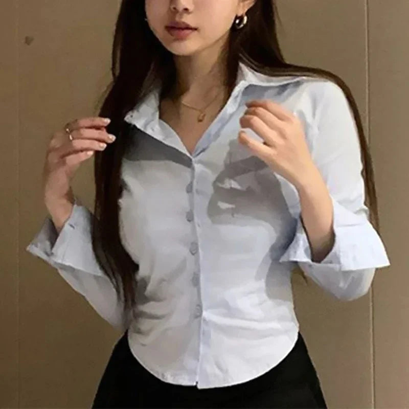 Korean White Office Women Chiffon Shirt Pocket Button Lapel Ladies Blouse Autumn WinterCommuter Long Sleeve New Female Crop Tops