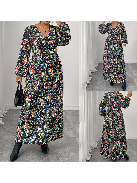 Elegant Maxi Dress Flowy Long Sleeve V-neck Printed Dress for Women s Daily Wear and Special Occasions