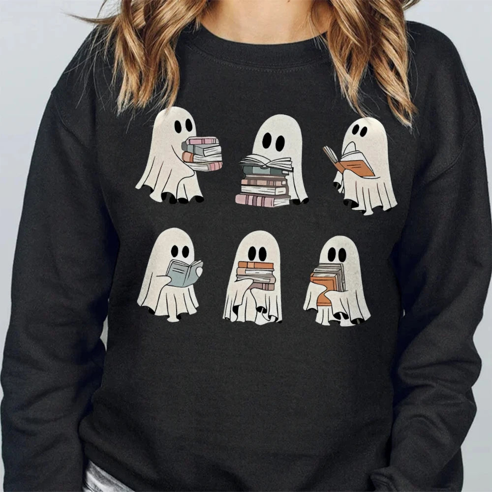 Ghost Reading Books Sweatshirts Halloween Teacher Gift Librarian Halloween Hoodie Ghost Crewneck Tops Crewneck Fashion Clothing