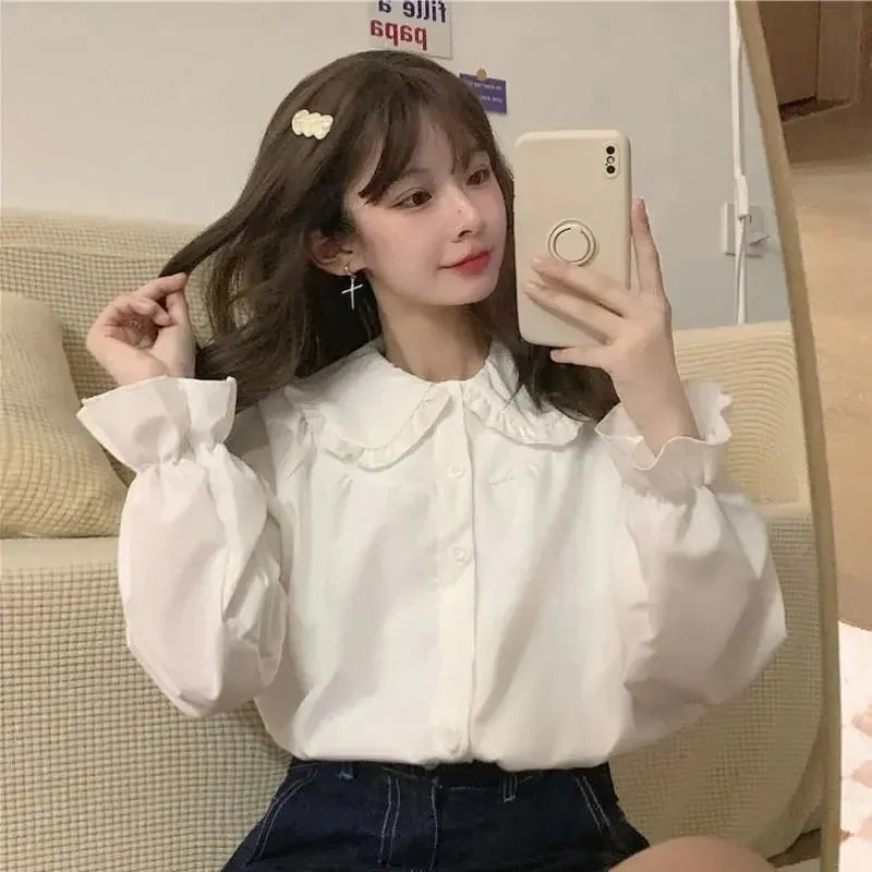 Vintage Women White Shirt Preppy Style Fashion Elegant Female Long Sleeve Blouse Y2K Sweet Kawaii All Match Shirts