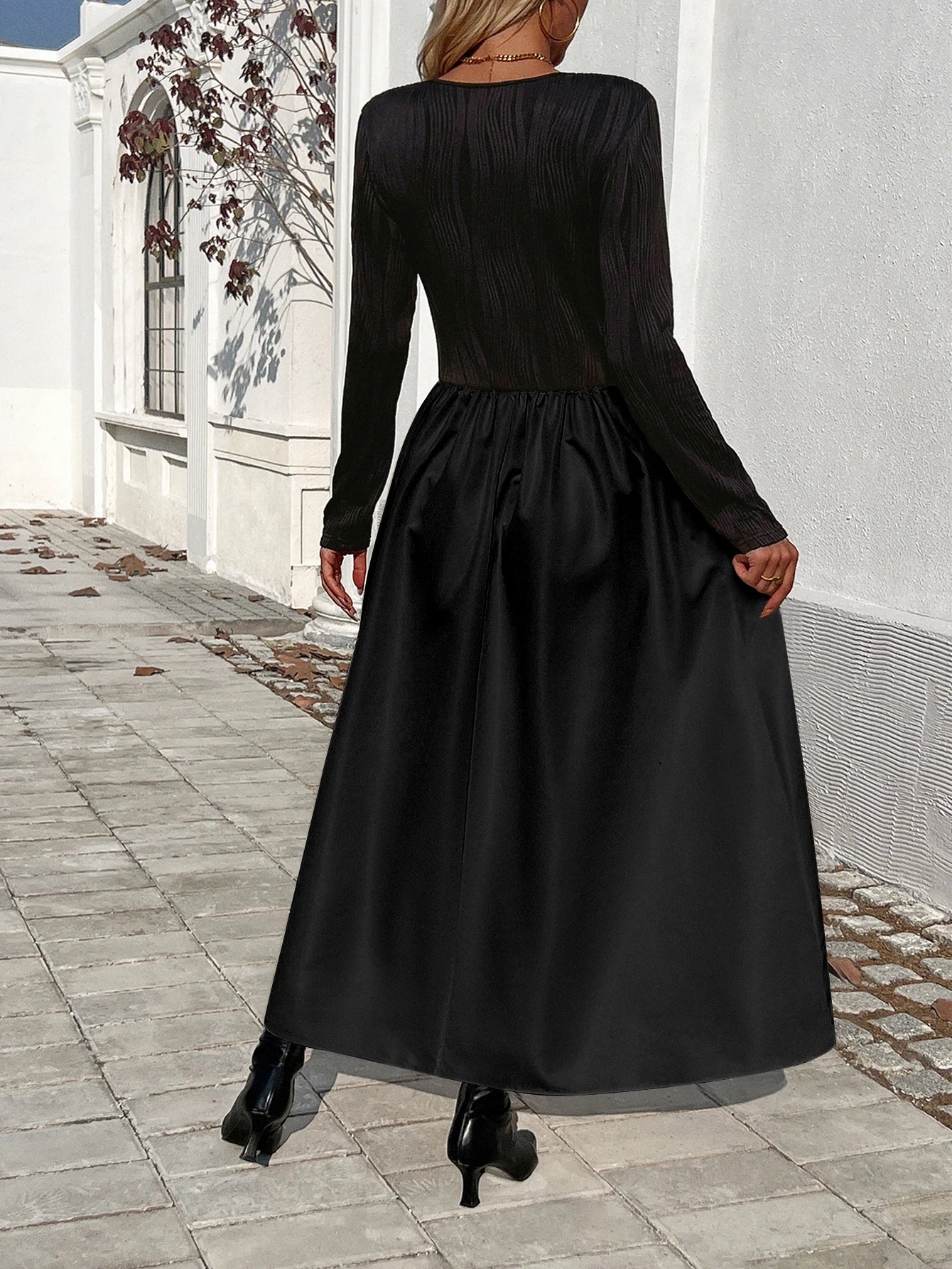 Women Long Sleeve Dress V Neck Elegant Maxi Dresses Solid Color Soft Dress Casual A Line Loose Dress