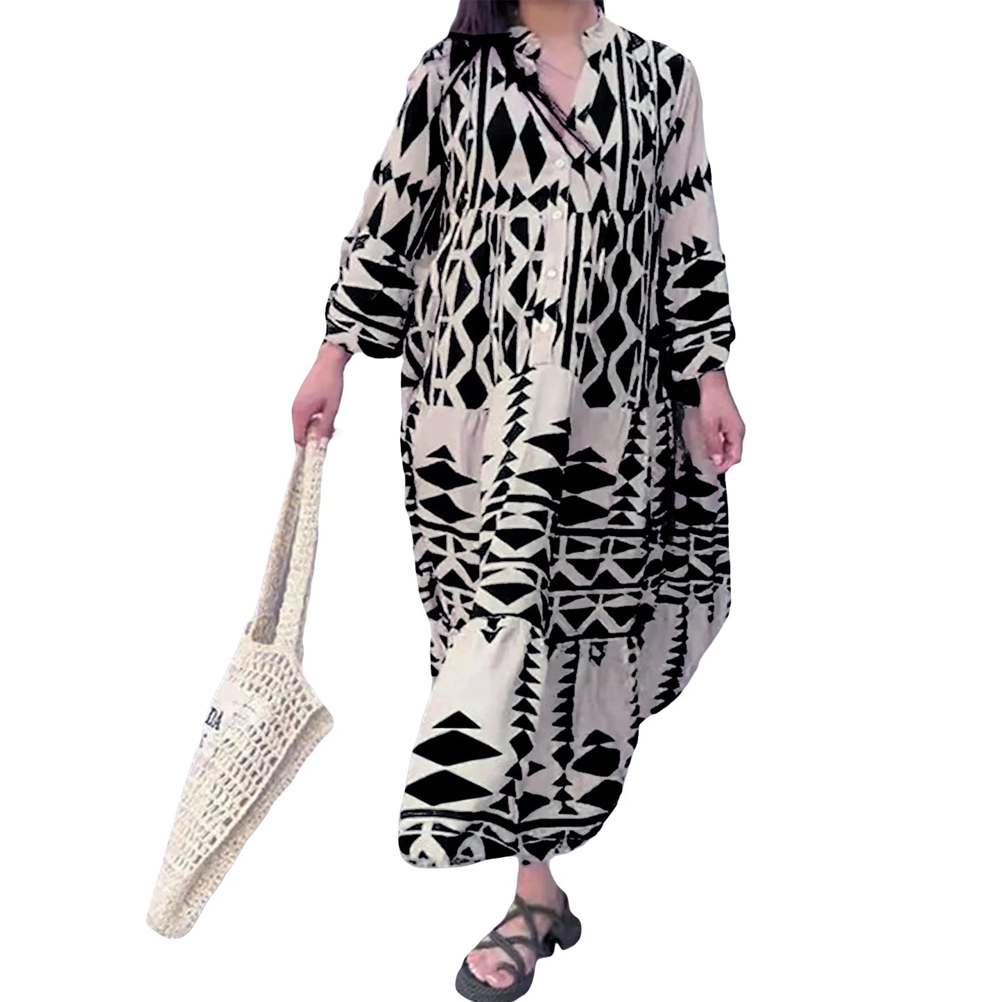 Women Long Dress Long Sleeve Button-down Geometric Print Bohe Dress Loose Swing Dress for Casual Daily