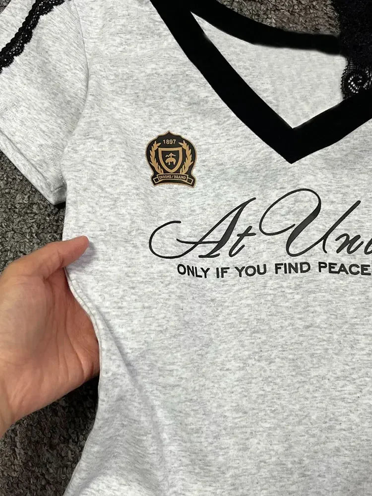 White-Gray Lace Sport Sexy Summer Off shoulder Top Women Y2k V neck Short sleeve T shirt Fashion Korean Lady Basic Tees 2025 New